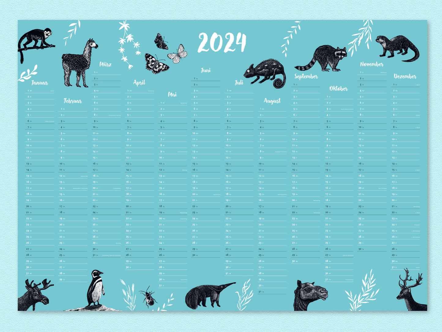 Wandkalender 2024 Tiere im A1 Format