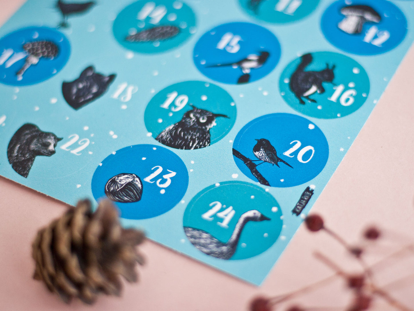Aufkleberbogen Adventskalender mit Tiermotiven A5, blau