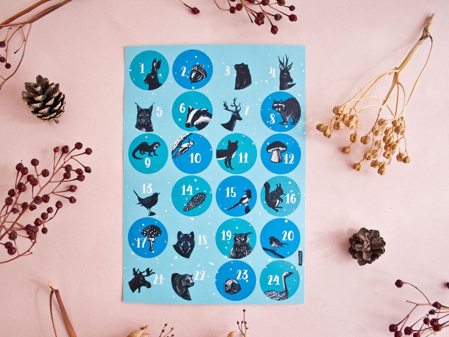 Aufkleberbogen Adventskalender mit Tiermotiven A5, blau