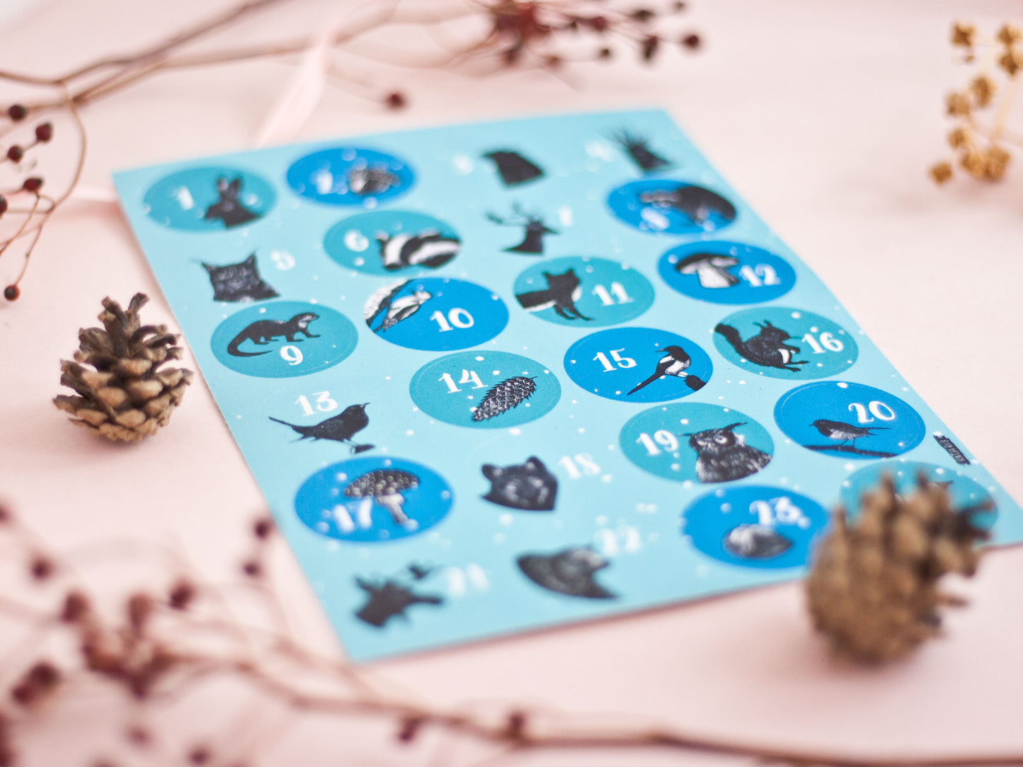 Aufkleberbogen Adventskalender mit Tiermotiven A5, blau