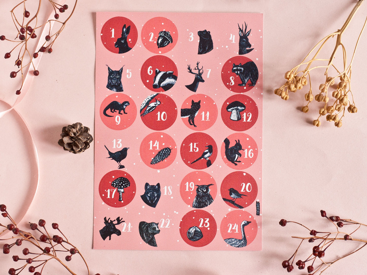 Aufkleberbogen Adventskalender mit Tiermotiven A5, rot