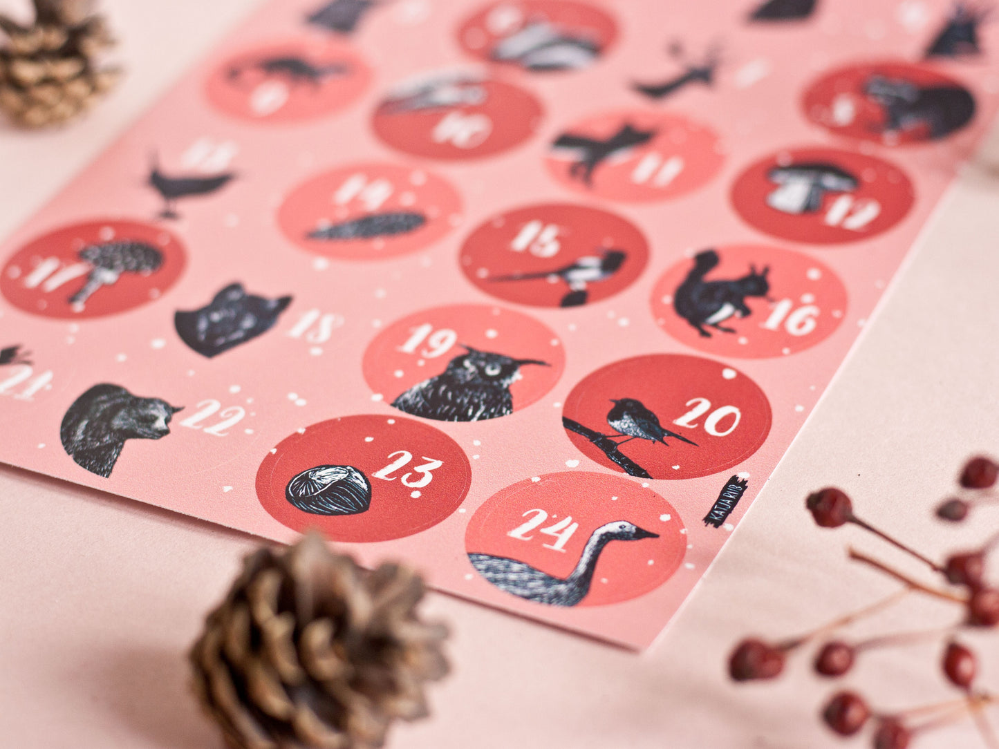 Aufkleberbogen Adventskalender mit Tiermotiven A5, rot
