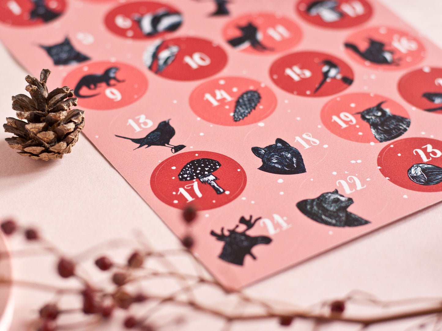 Aufkleberbogen Adventskalender mit Tiermotiven A5, rot