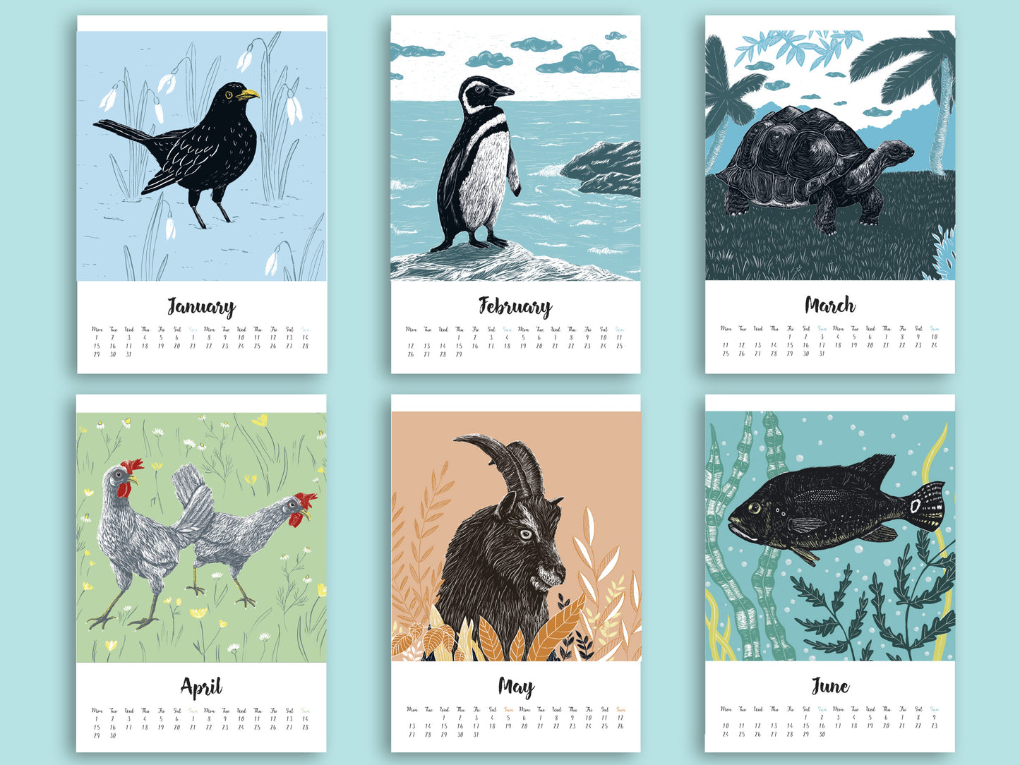 Jahreskalender 2024 Tiere im A5 Format - englisch