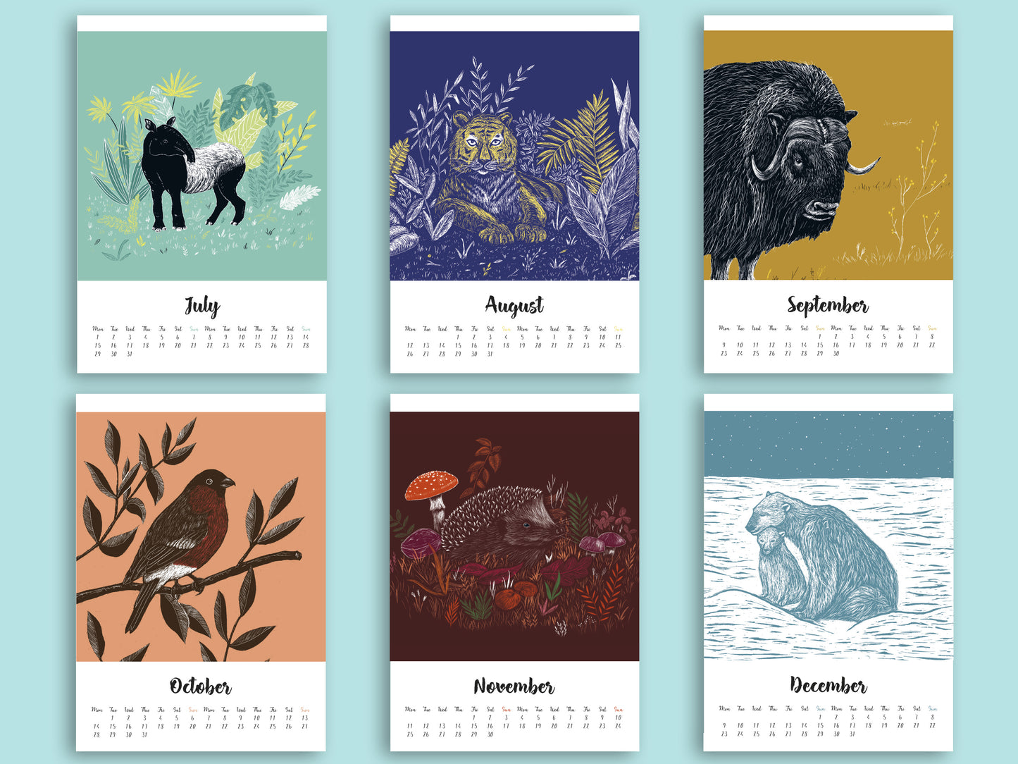 Jahreskalender 2024 Tiere im A5 Format - englisch