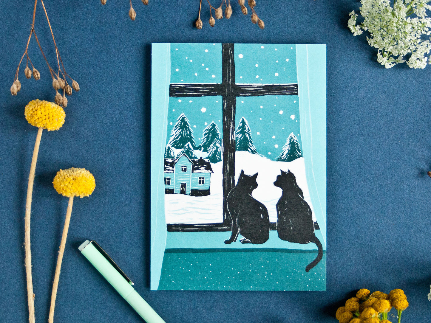 Postkarte A6, Zwei Katzen am Fenster