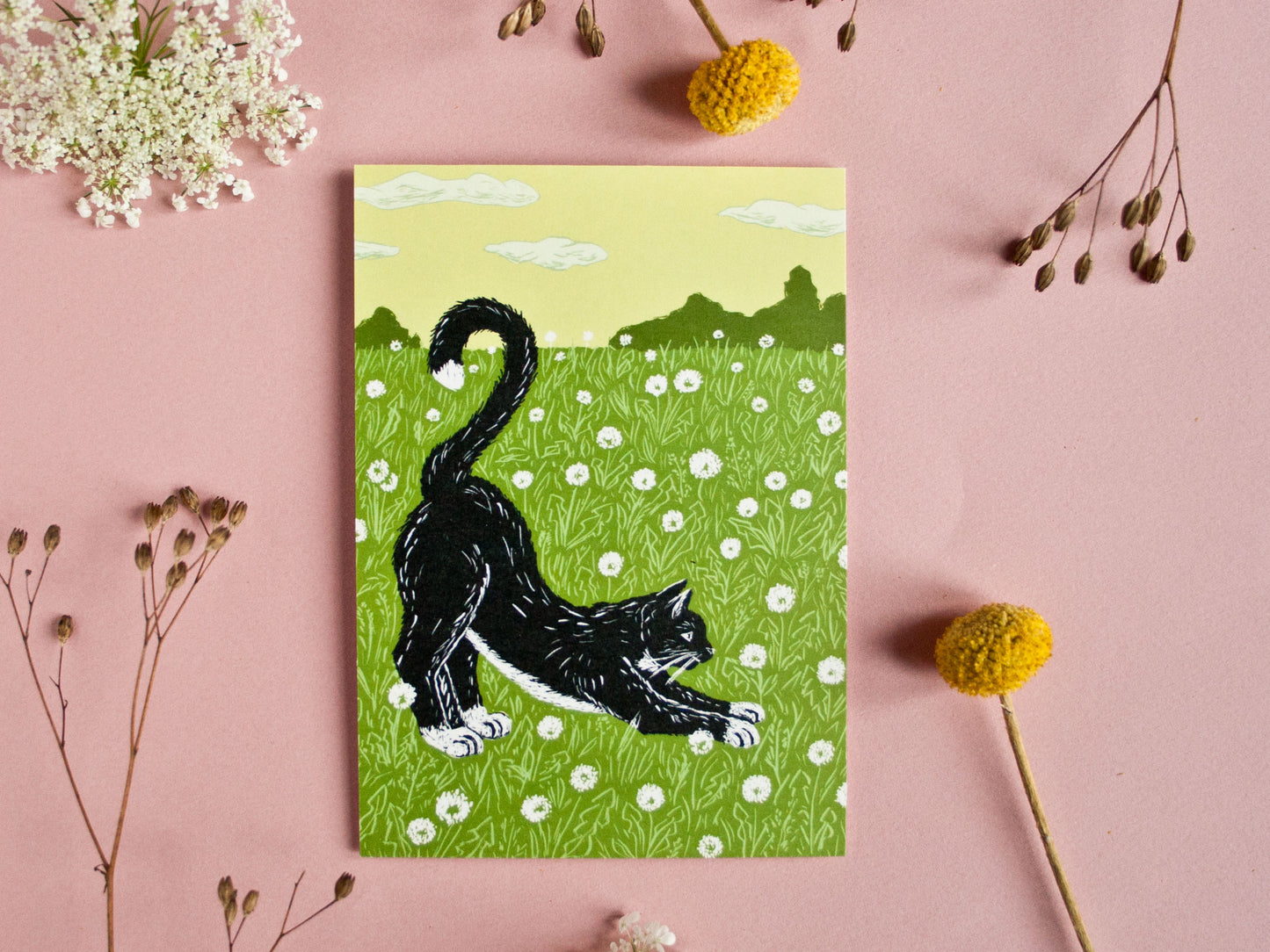 Postkarte A6, Katze auf Löwenzahnwiese