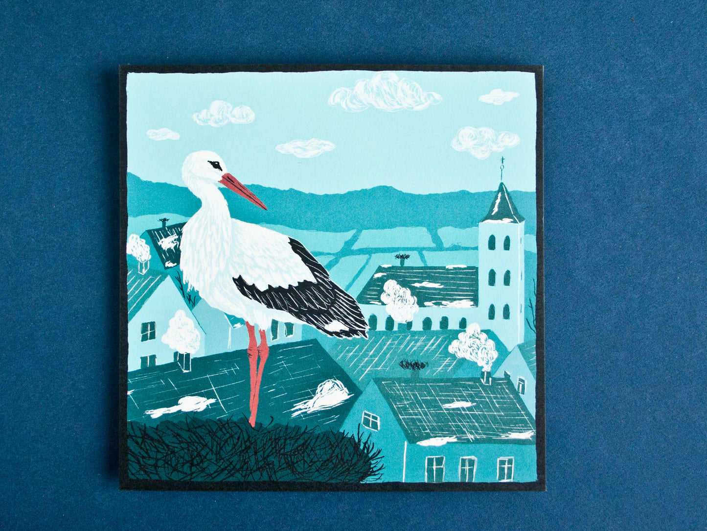 Quadratische Postkarte Storch