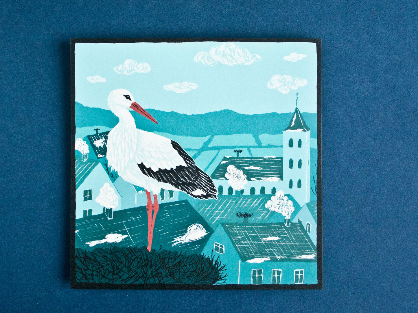 Quadratische Postkarte Storch 