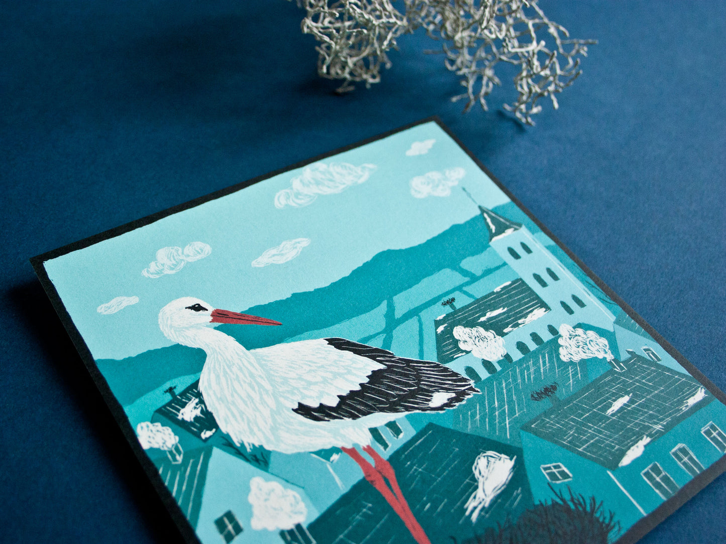 Quadratische Postkarte Storch
