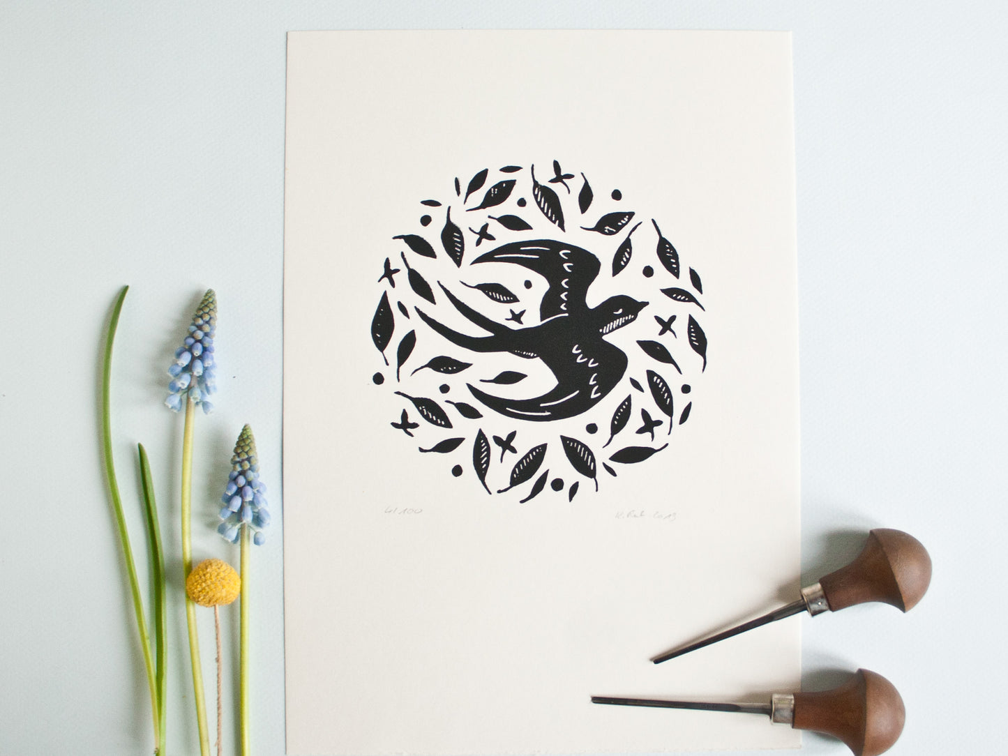 Original Linoldruck Schwalbe