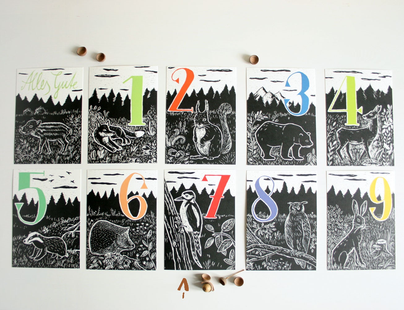Postkarte Specht und 7