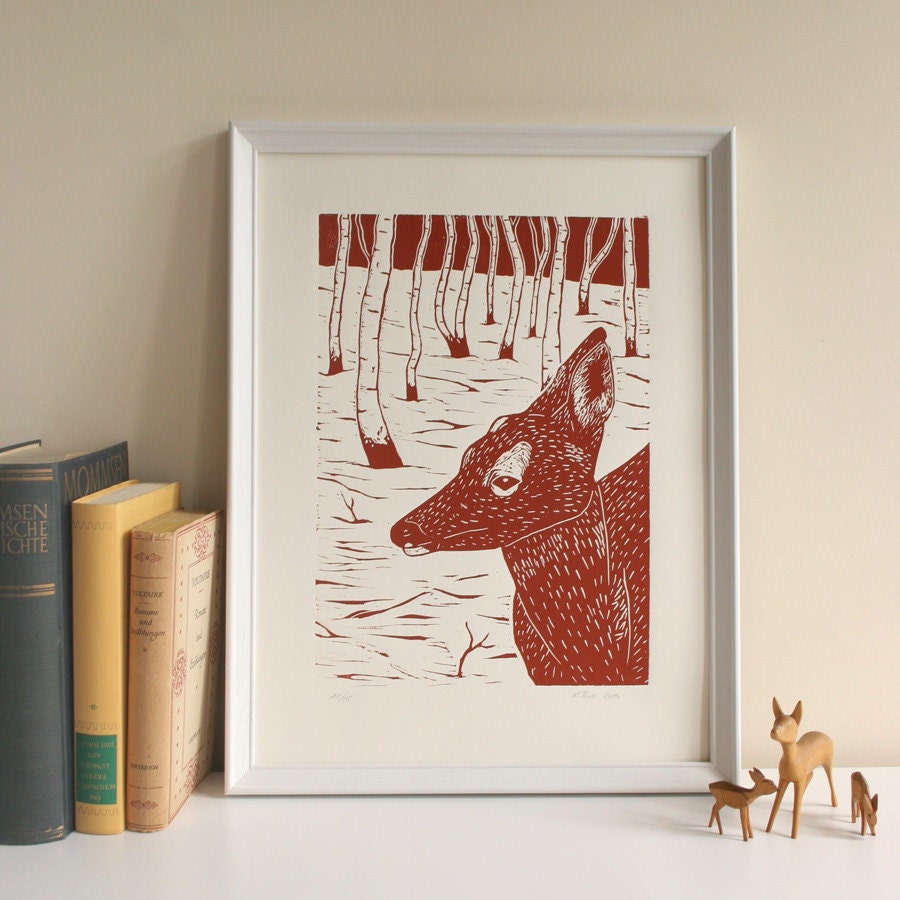 Linoldruck Reh, original Druckgrafik, Tier Illustration