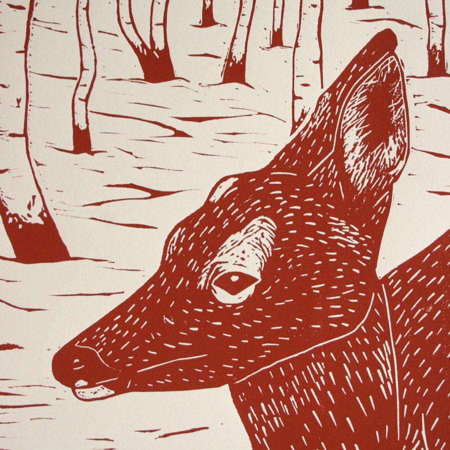 Linoldruck Reh, original Druckgrafik, Tier Illustration