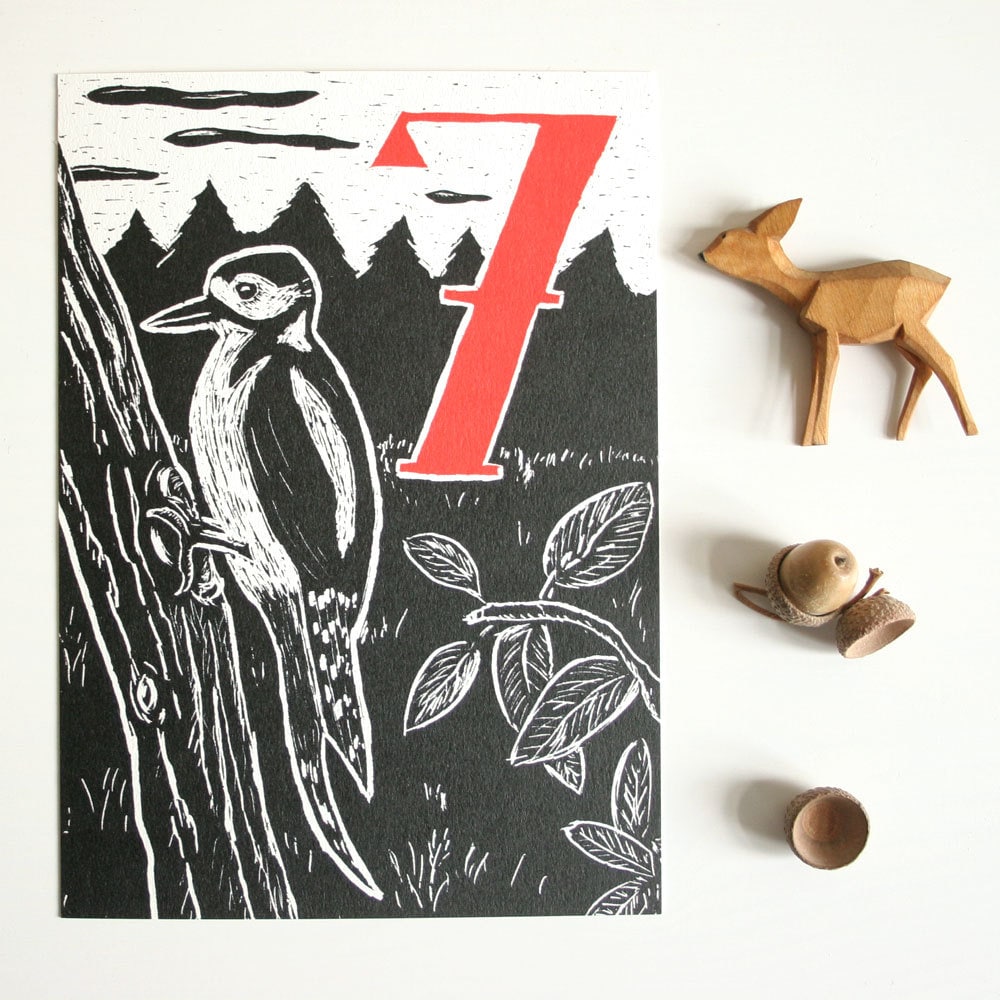 Postkarte Specht und 7