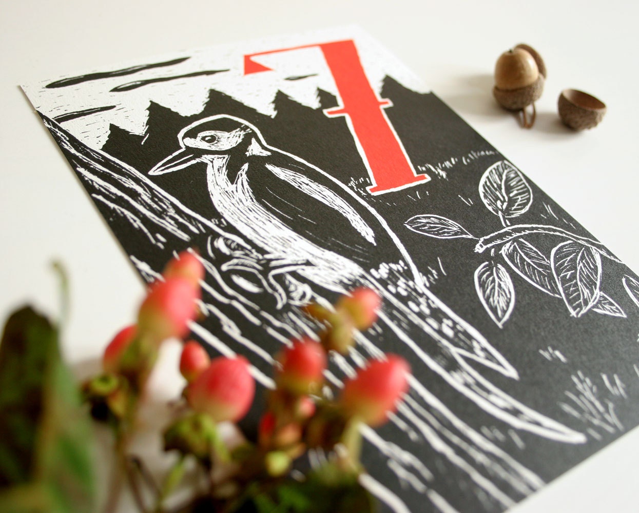 Postkarte Specht und 7