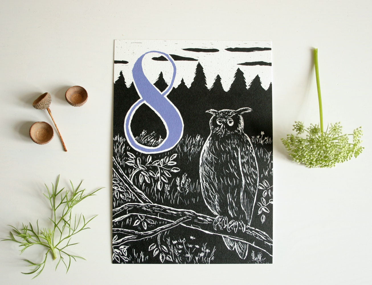 Postkarte Uhu und 8