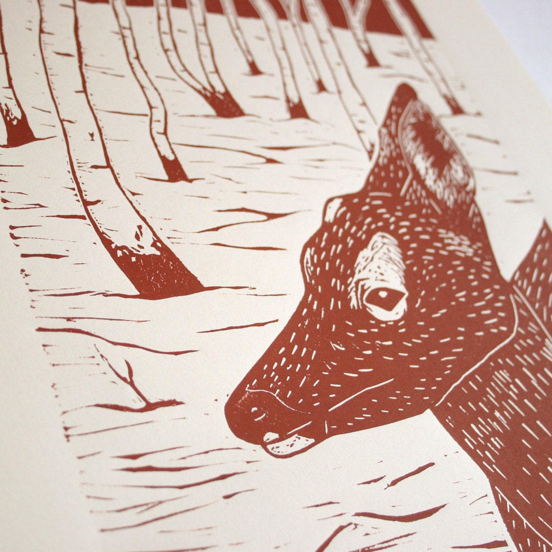 Linoldruck Reh, original Druckgrafik, Tier Illustration