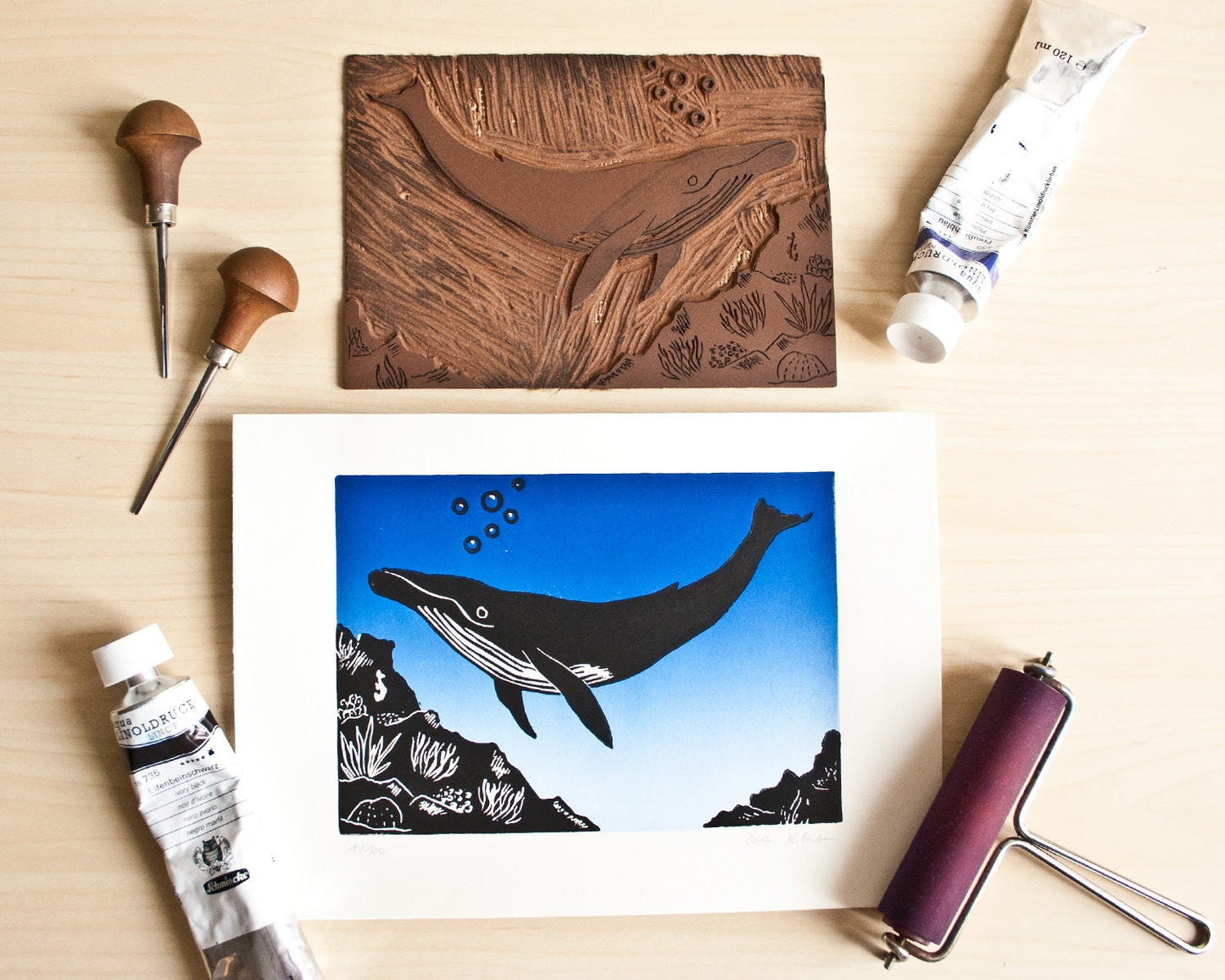 Wal Linoldruck, original Druckgrafik, Tier Illustration