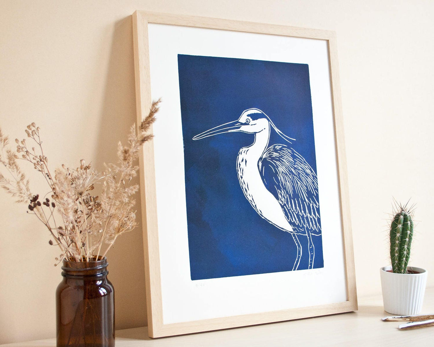 Reiher, original Linoldruck, Vogel Druckgrafik