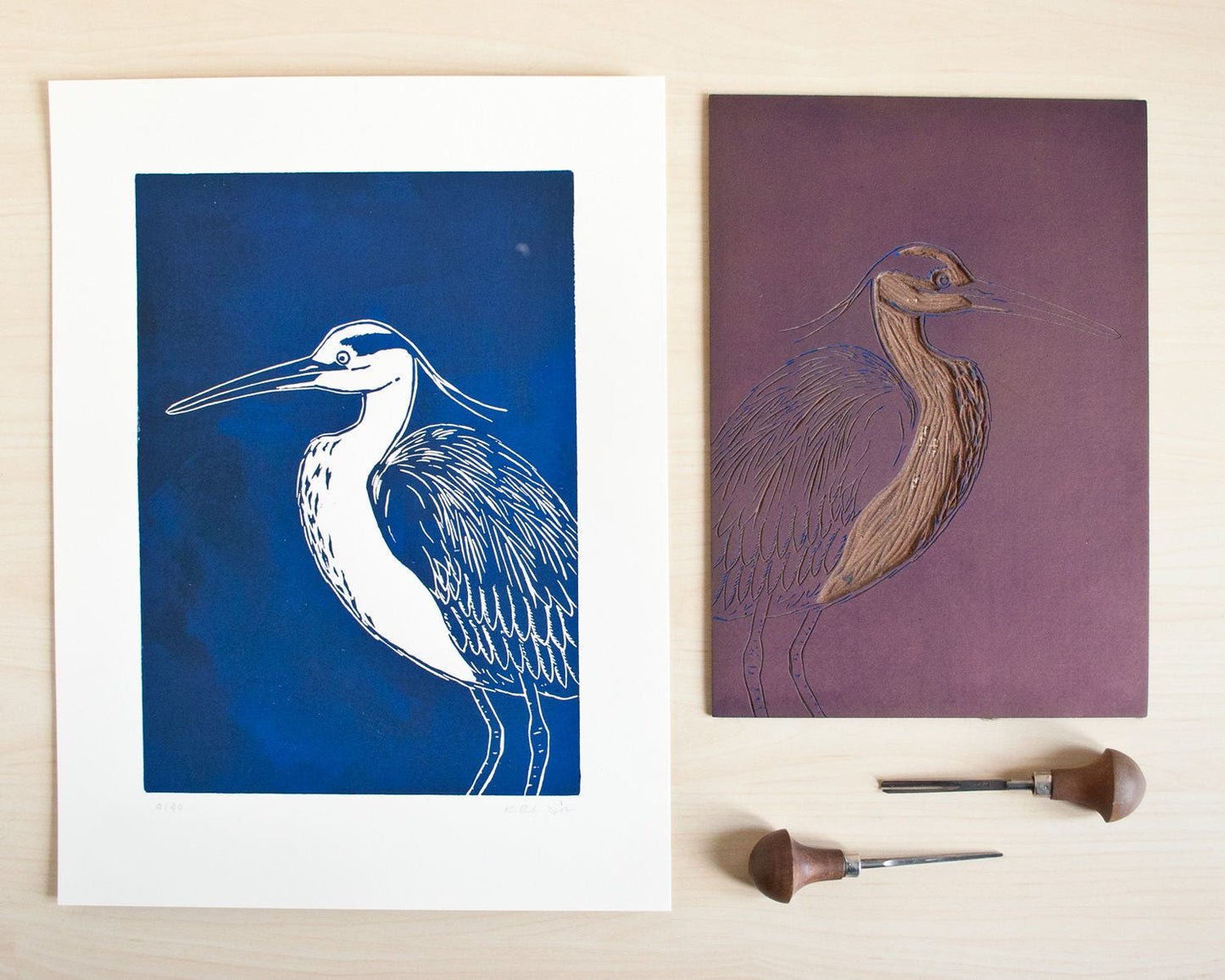 Reiher, original Linoldruck, Vogel Druckgrafik