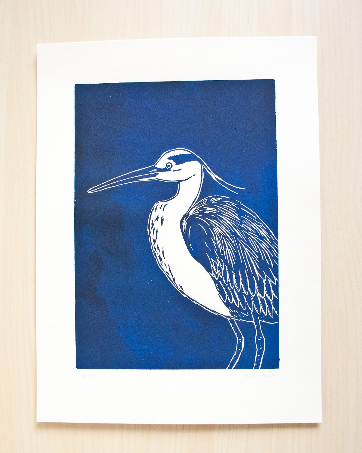 Reiher, original Linoldruck, Vogel Druckgrafik