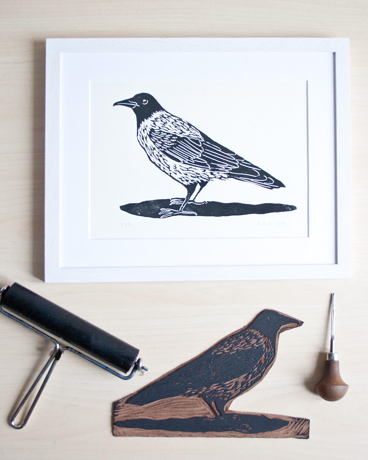 Original Linoldruck Krähe, Tier Druckgrafik