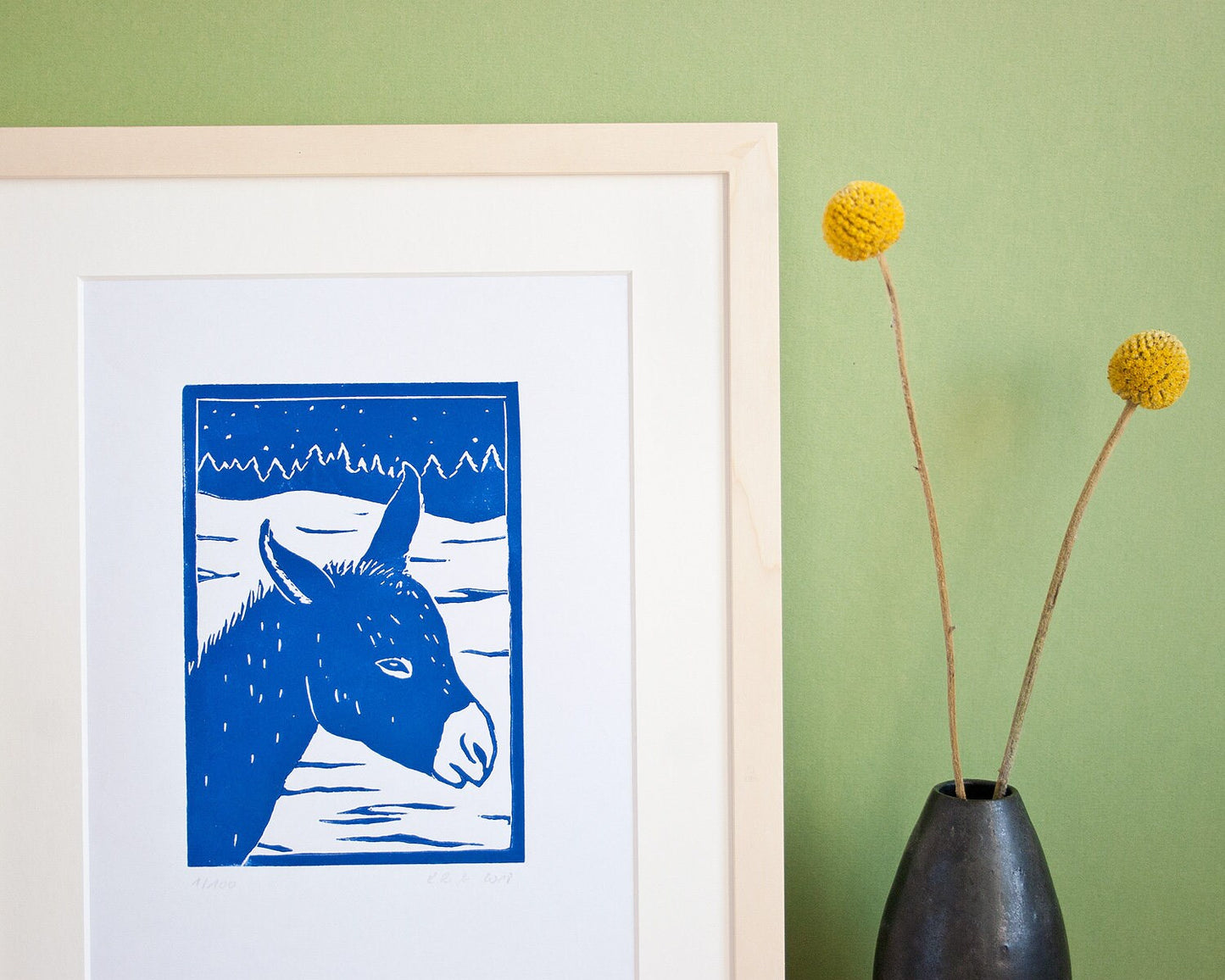 Winterlicher Esel, original Linoldruck, Druckgrafik Tier
