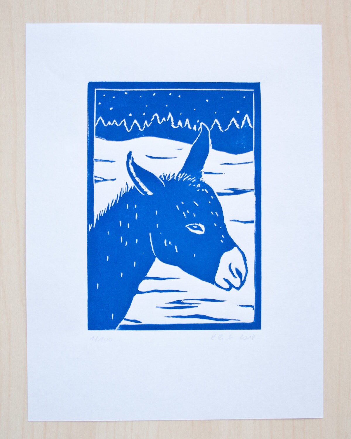 Winterlicher Esel, original Linoldruck, Druckgrafik Tier