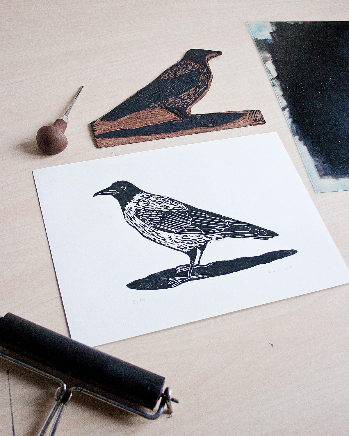Original Linoldruck Krähe, Tier Druckgrafik