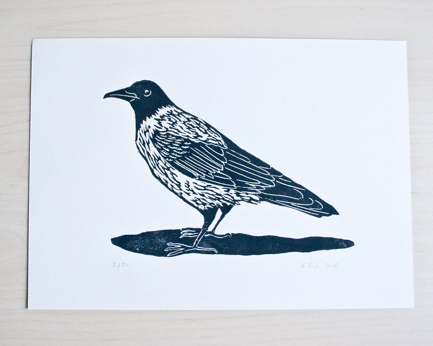 Original Linoldruck Krähe, Tier Druckgrafik