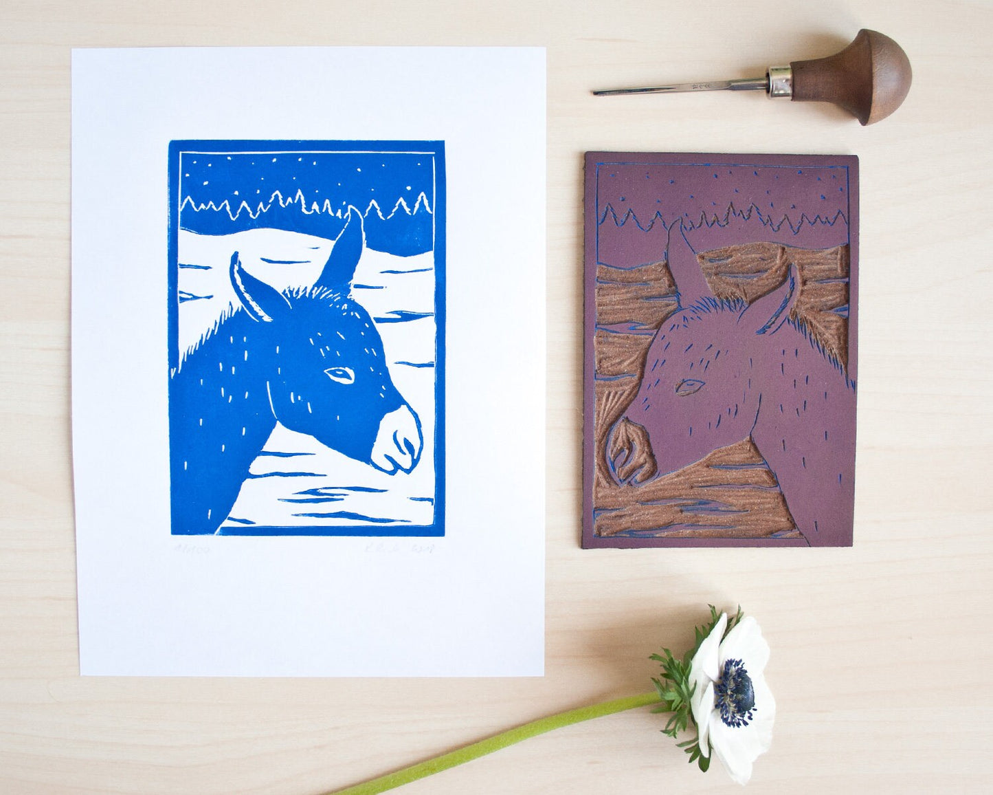Winterlicher Esel, original Linoldruck, Druckgrafik Tier