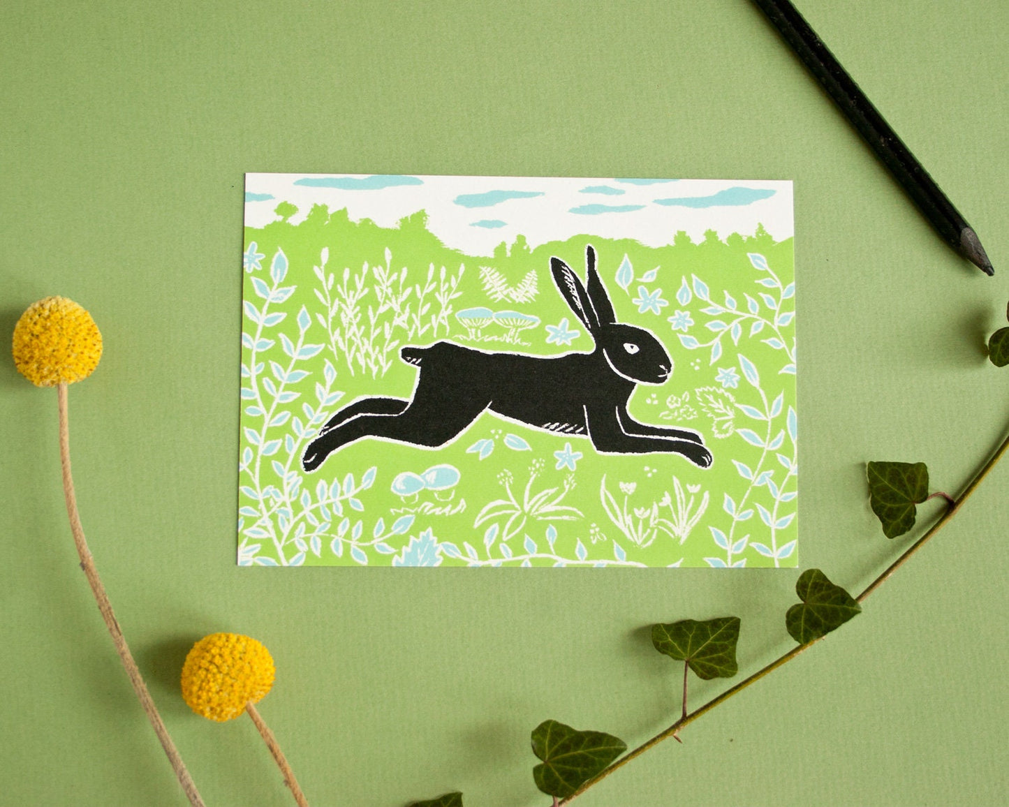 Postkarte Hase grün, A6