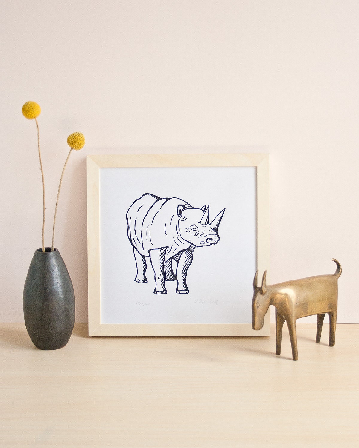 Druckgrafik Nashorn, original Linoldruck