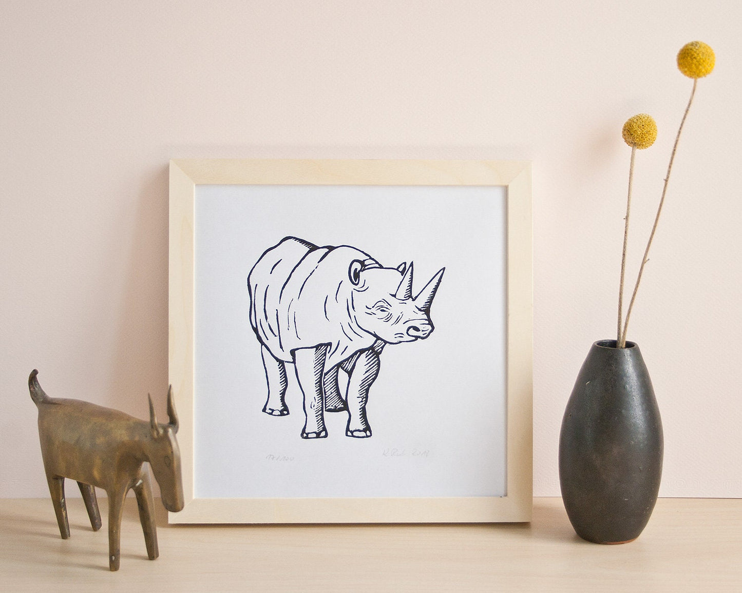 Druckgrafik Nashorn, original Linoldruck