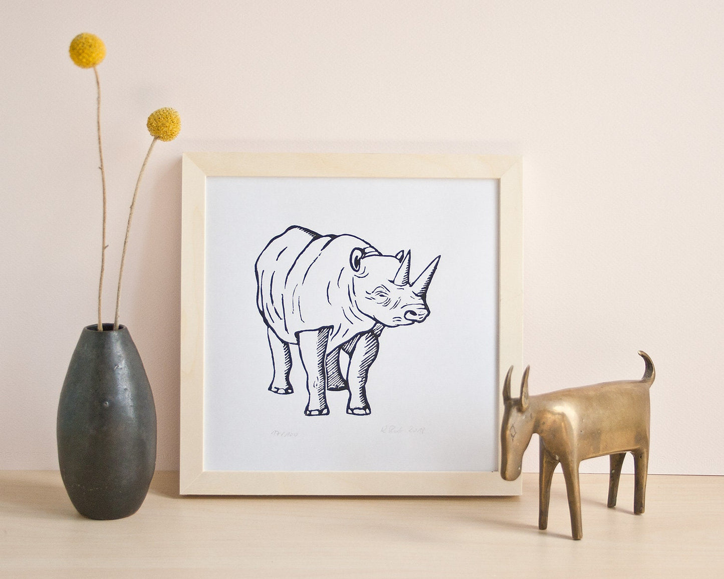 Druckgrafik Nashorn, original Linoldruck