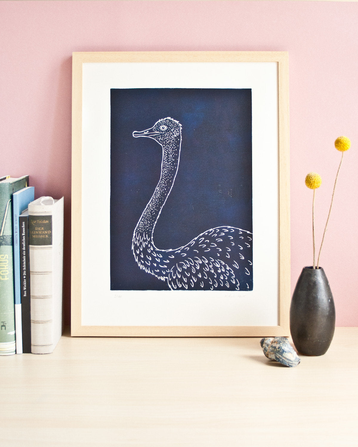 Vogel Strauß, original Linoldruck