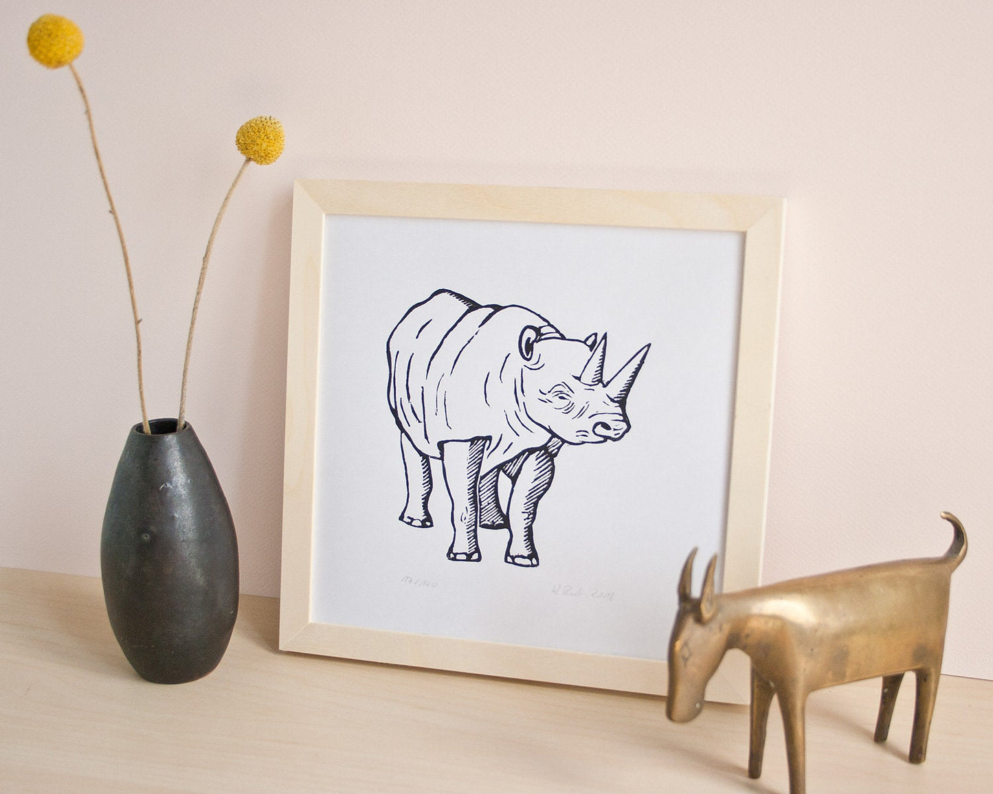 Druckgrafik Nashorn, original Linoldruck
