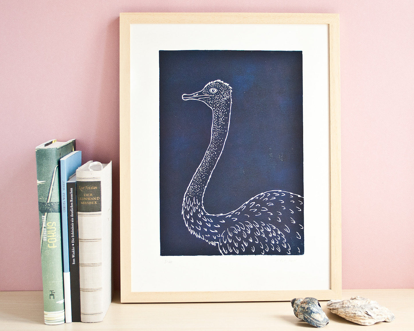 Vogel Strauß, original Linoldruck