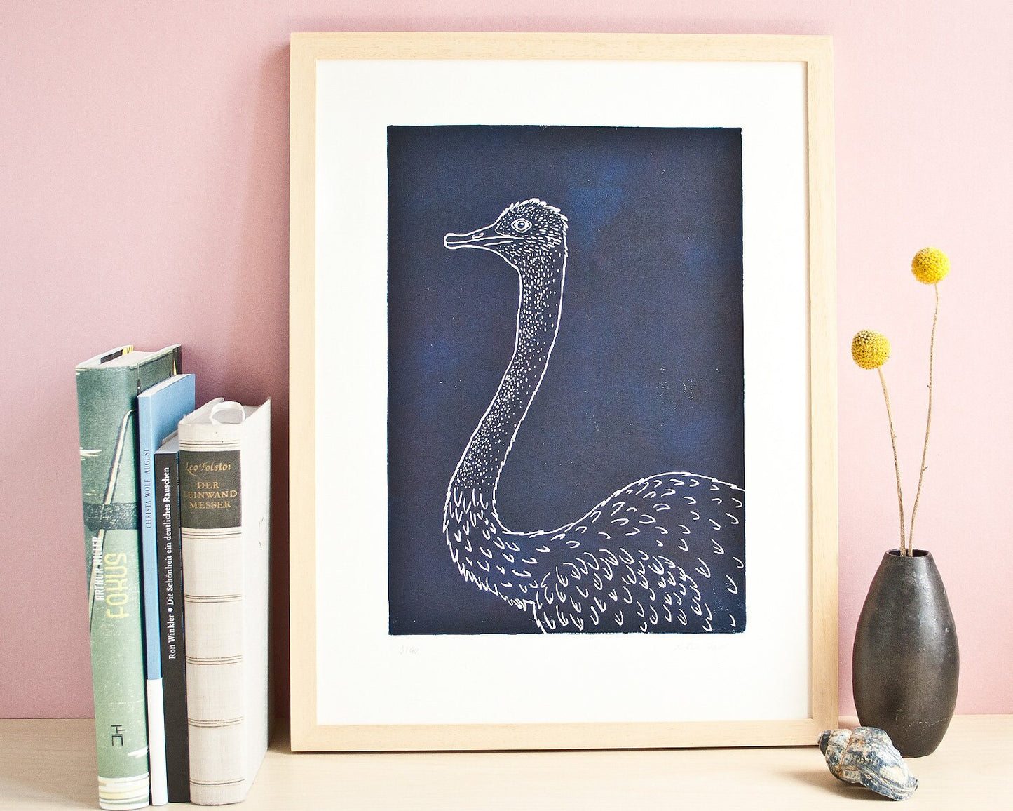 Vogel Strauß, original Linoldruck