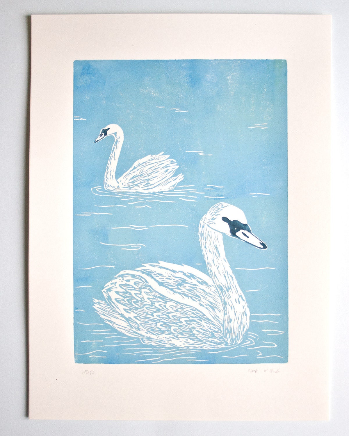 Zwei Schwäne, original Linoldruck Vögel