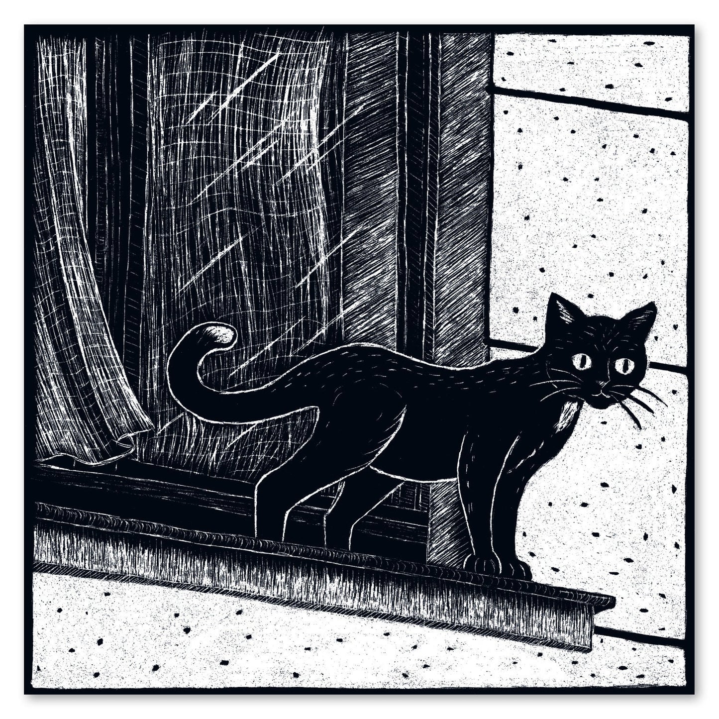 Quadratische Postkarte Katze am Fenster
