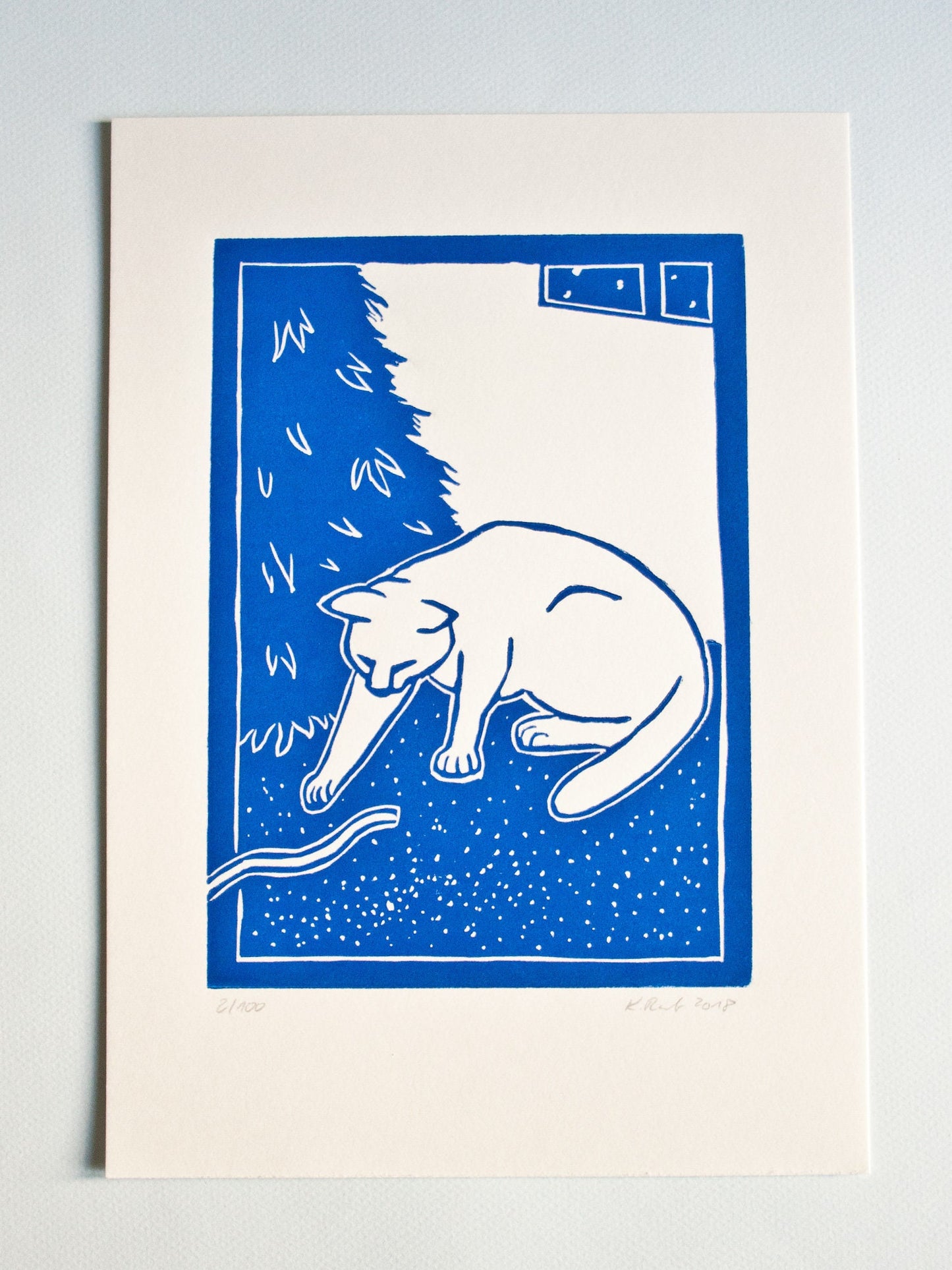 Linoldruck weihnachtliche Katze