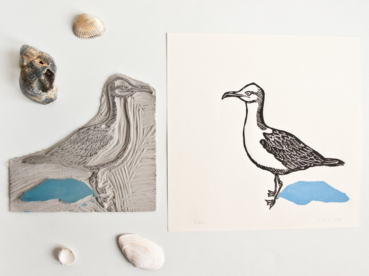 Linoldruck Möwe, Vogel Illustration