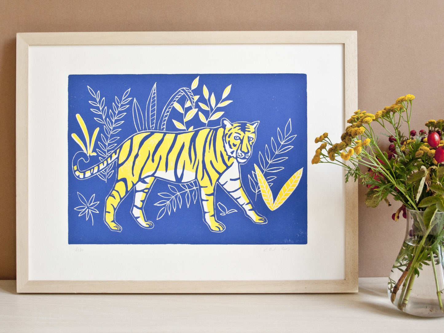 Original Druckgrafik Tiger, Linoldruck Tier