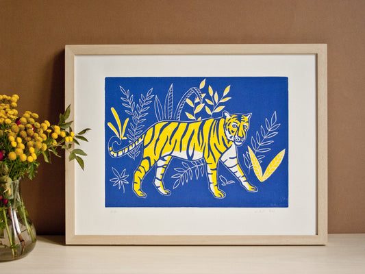 Original Druckgrafik Tiger, Linoldruck Tier