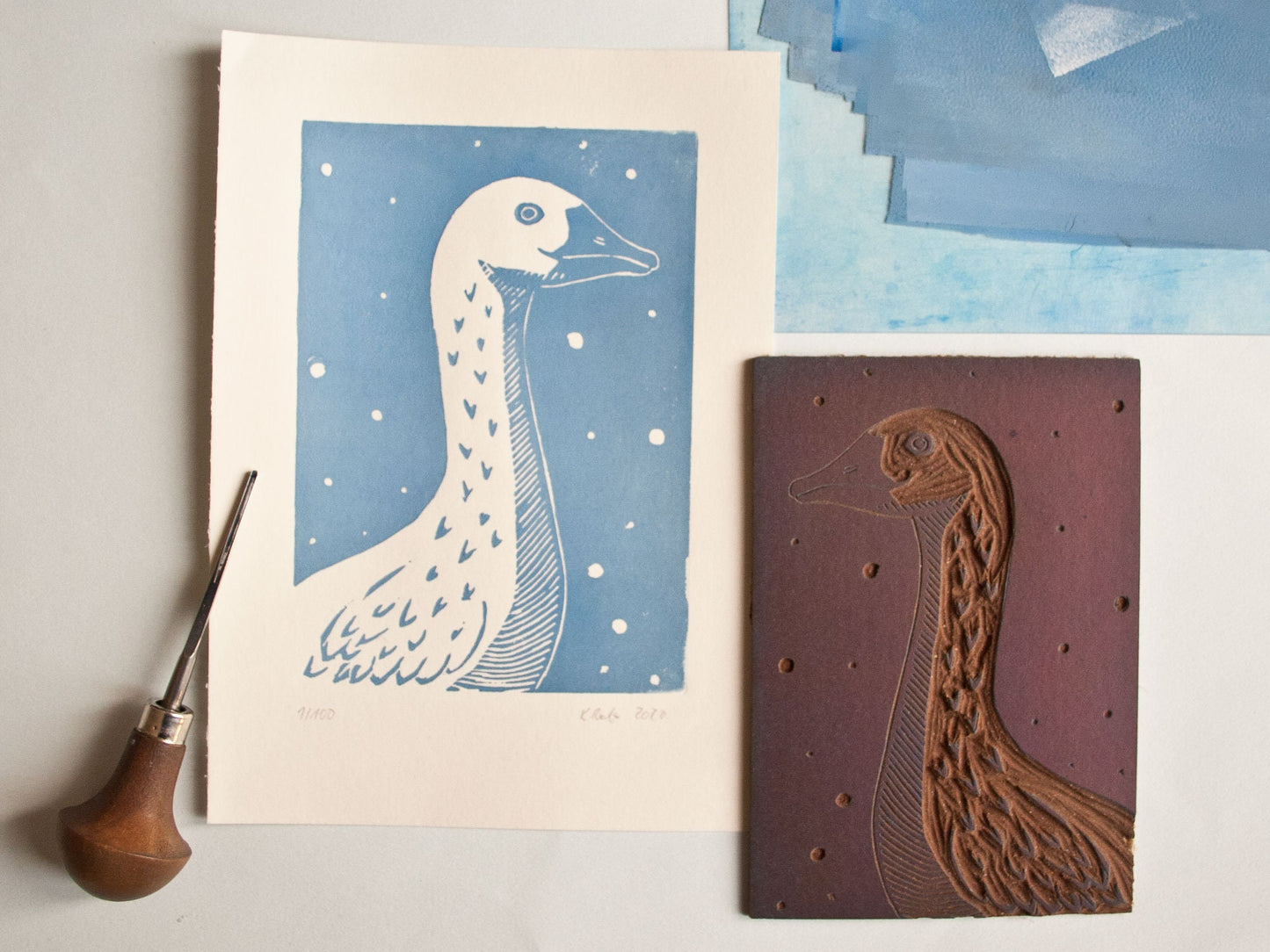 Gans Linoldruck, original Druckgrafik für Tierliebhaber