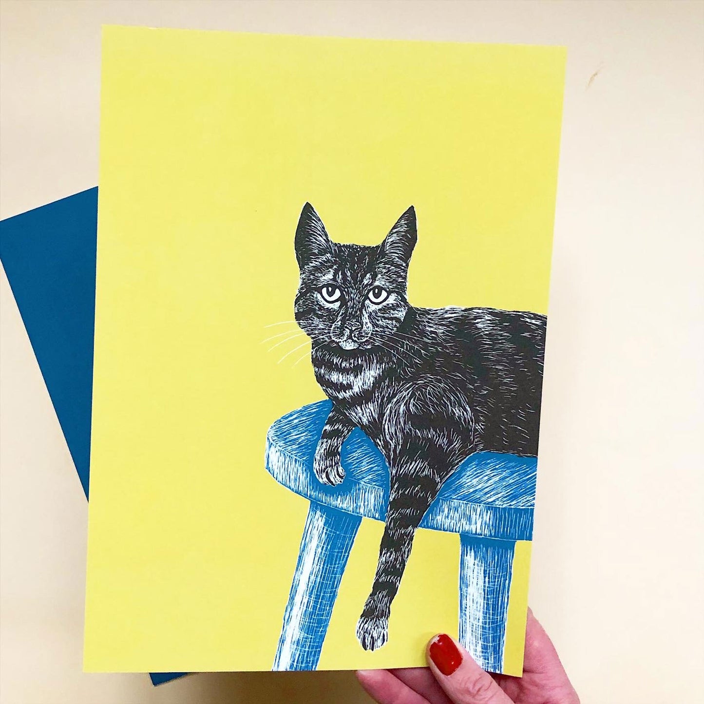 Poster A4 Katze auf Hocker