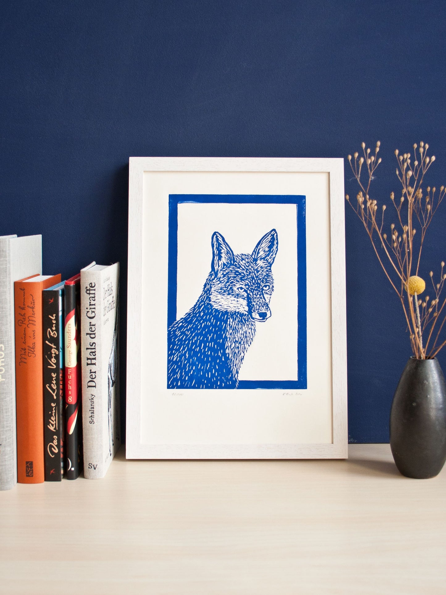 Linoldruck blauer Fuchs