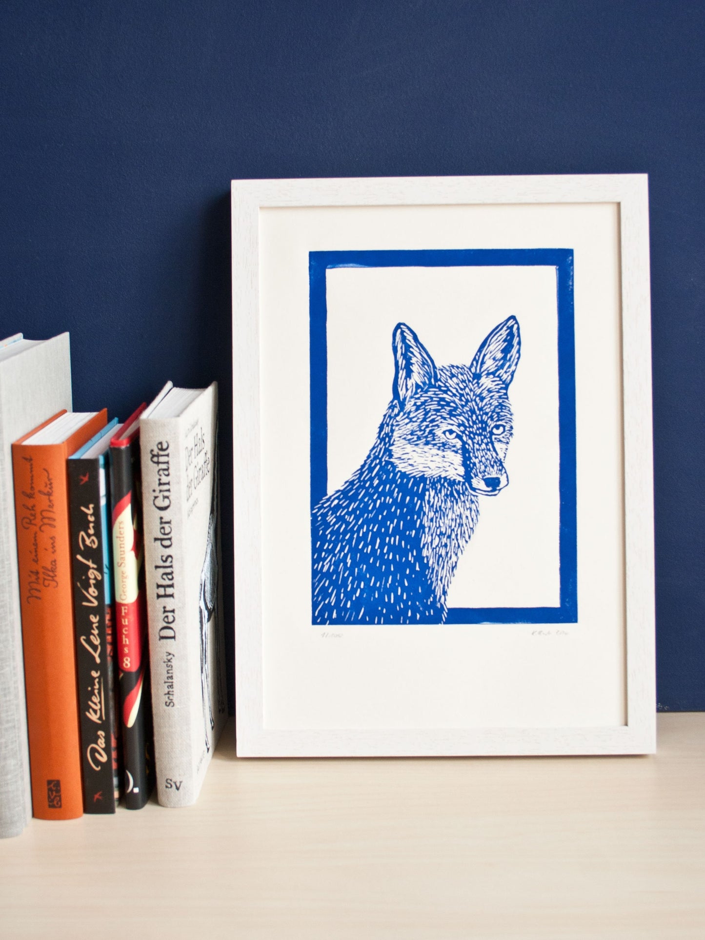 Linoldruck blauer Fuchs